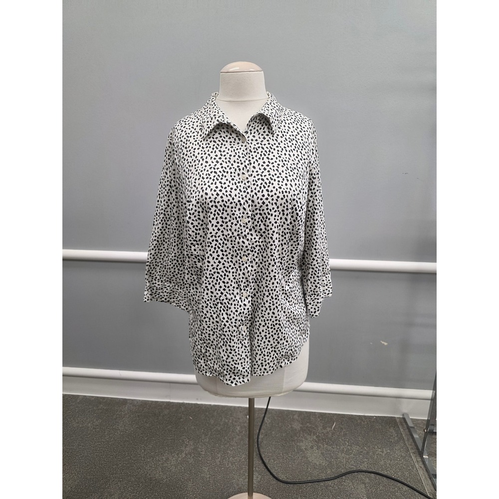 Apt 9 White Black Dotted Print Button Down Shirt 3/4 Sleeve Cotton Blouse 2X